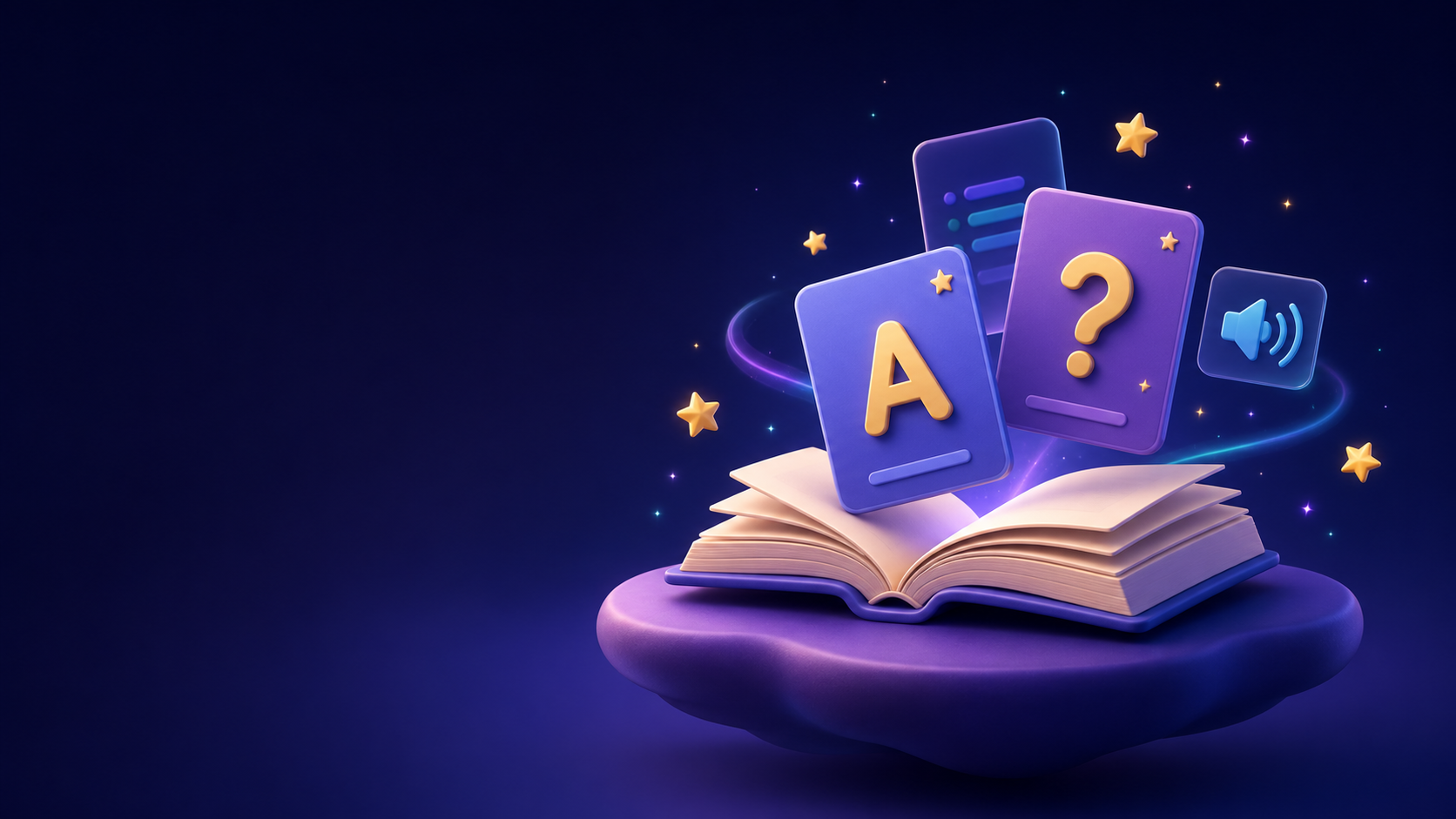หนังสือและบัตรคำศัพท์ลอยอยู่ในบรรยากาศการเรียนรู้